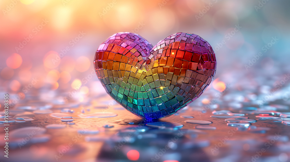 Fototapeta premium A 3D heart made by mirror rainbow tiles on a pink background.