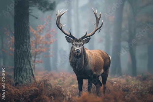 Majestic stag with impressive antlers standing in a misty forest