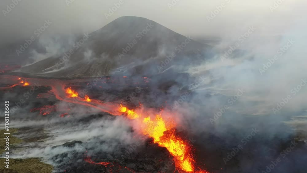 Aerial view of a river of lava burning everything in its path, Lili Hrotor volcano Iceland Aerial view of a river of lava burning everything in its path, Lili Hrotor volcano Iceland