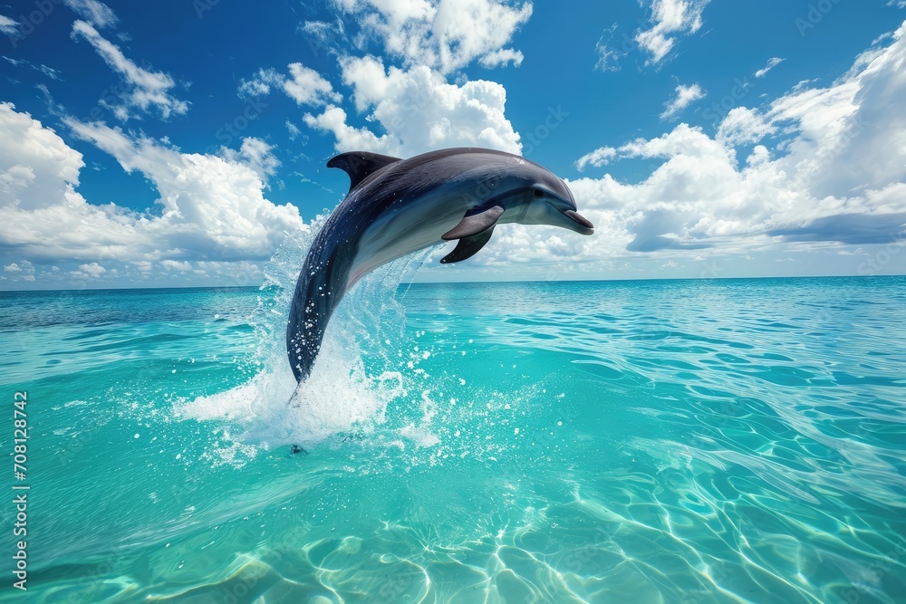 Obraz premium Playful dolphin leaping joyfully above crystal clear ocean waters
