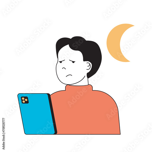Mental health concept with cartoon people in flat design for web. Man has social media and internet addiction, suffering from bullying. Vector illustration for social media banner, marketing material.