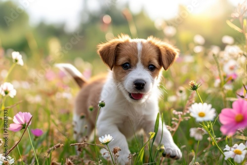 Playful puppy frolicking in a field of flowers