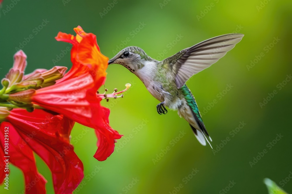 Fototapeta premium Solitary hummingbird feeding from a vivid red blossom
