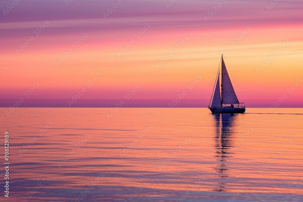 Solitary sailboat navigating calm waters at sunset