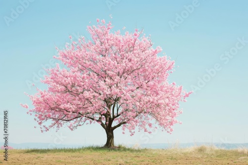 Solitary cherry blossom tree in full bloom against a clear sky