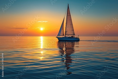 Solitary sailboat navigating calm waters at sunset