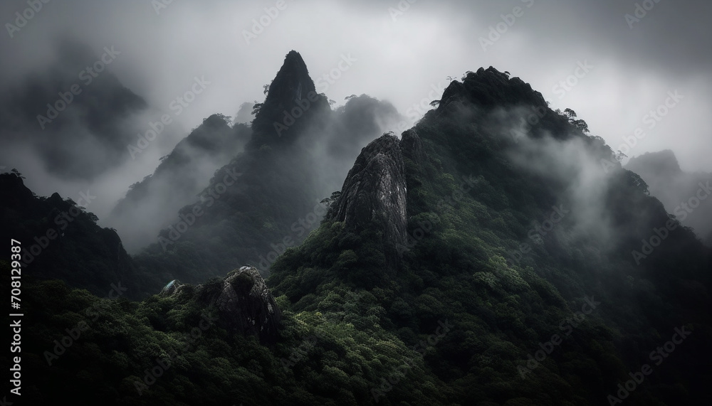 Majestic mountain peak, foggy cliff, adventure in nature mystery generated by AI Majestic mountain peak, foggy cliff, adventure in nature mystery generated by AI