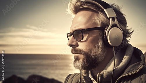 Young adult male with beard enjoying nature, listening to music generated by AI