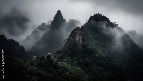 Majestic mountain peak, foggy cliff, adventure in nature mystery generated by AI photo