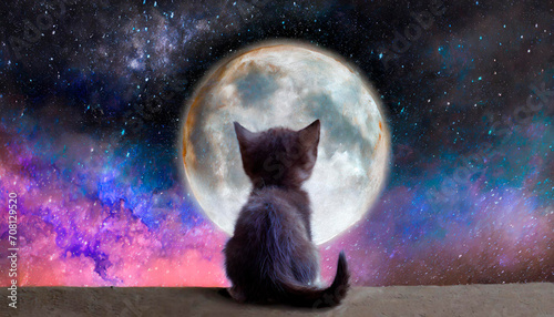 Cute little kitten sitting while looking at the giant moon and the deserted spaces that surround him. In front of him a splendid galaxy full of details.