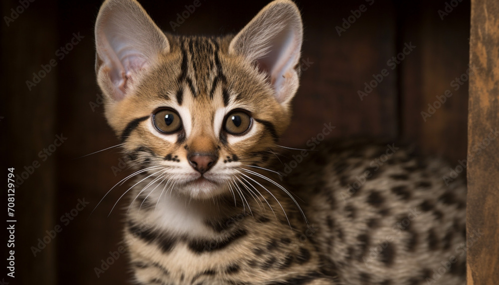 Cute kitten, small and striped, looking at you with curiosity generated by AI