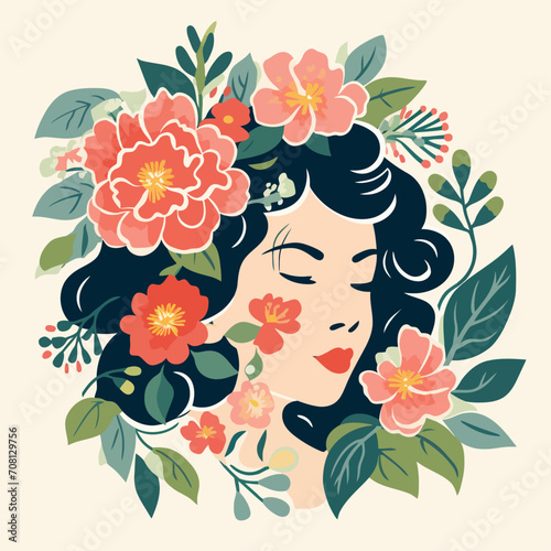 vector pretty girl with flower illustration sticker label
