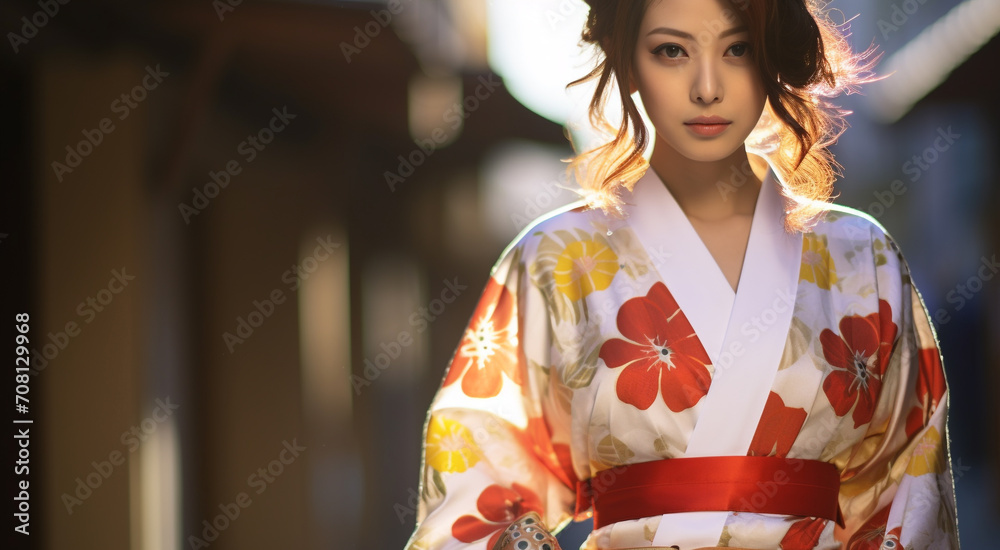 Beautiful young woman in traditional Japanese clothing generated by AI Beautiful young woman in traditional Japanese clothing generated by AI