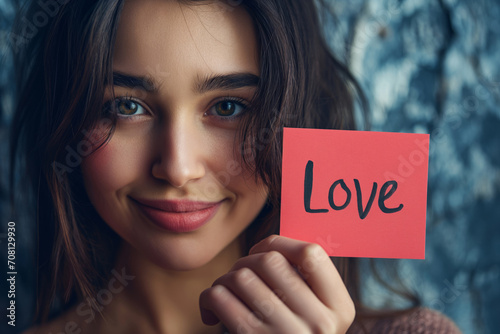 A close-up of a smiling young woman holding a red sticky note with the word "Love" written in black ink.