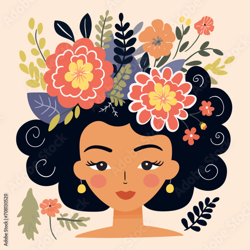 vector pretty girl with flower illustration sticker label