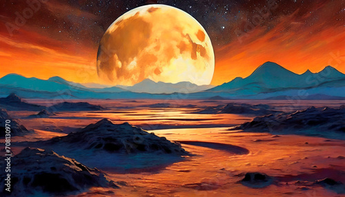 Lunar landscape with the earth in the distance in a magical sunset. Artistic Image. Concept of life beyond our planet. photo