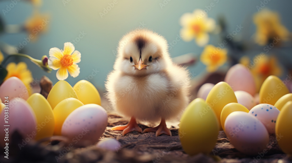 Easter chick with eggs and spring flowers