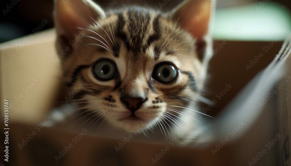 Cute kitten with striped fur, staring with playful curiosity generated by AI