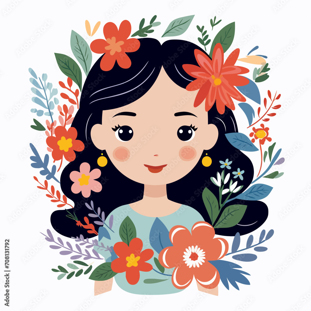 vector pretty girl with flower illustration sticker label