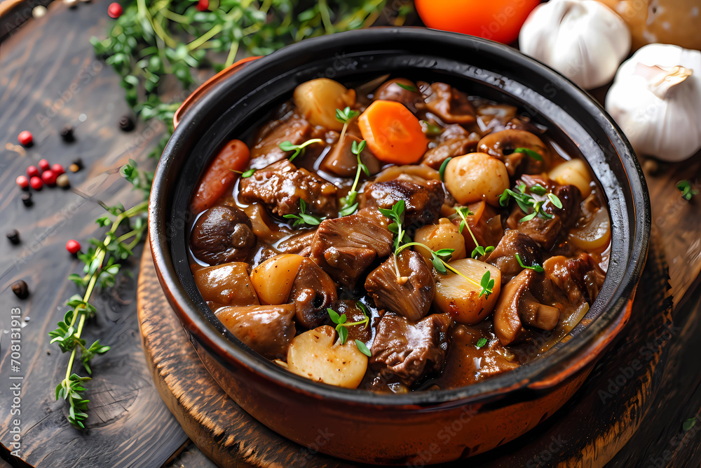 Beef Bourguignon - France - Beef, bacon, mushrooms, onions, red wine, beef broth, thyme, bay leaves Beef Bourguignon - France - Beef, bacon, mushrooms, onions, red wine, beef broth, thyme, bay leaves