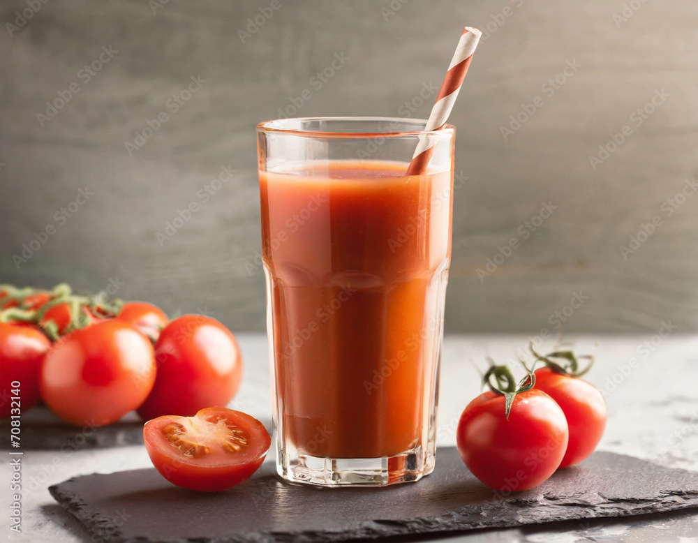 Tomato juice in a tall glass, paper straw, stone plate Tomato juice in a tall glass, paper straw, stone plate