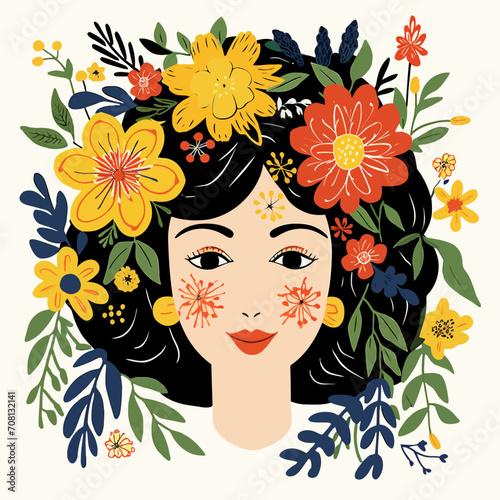 vector pretty girl with flower illustration sticker label