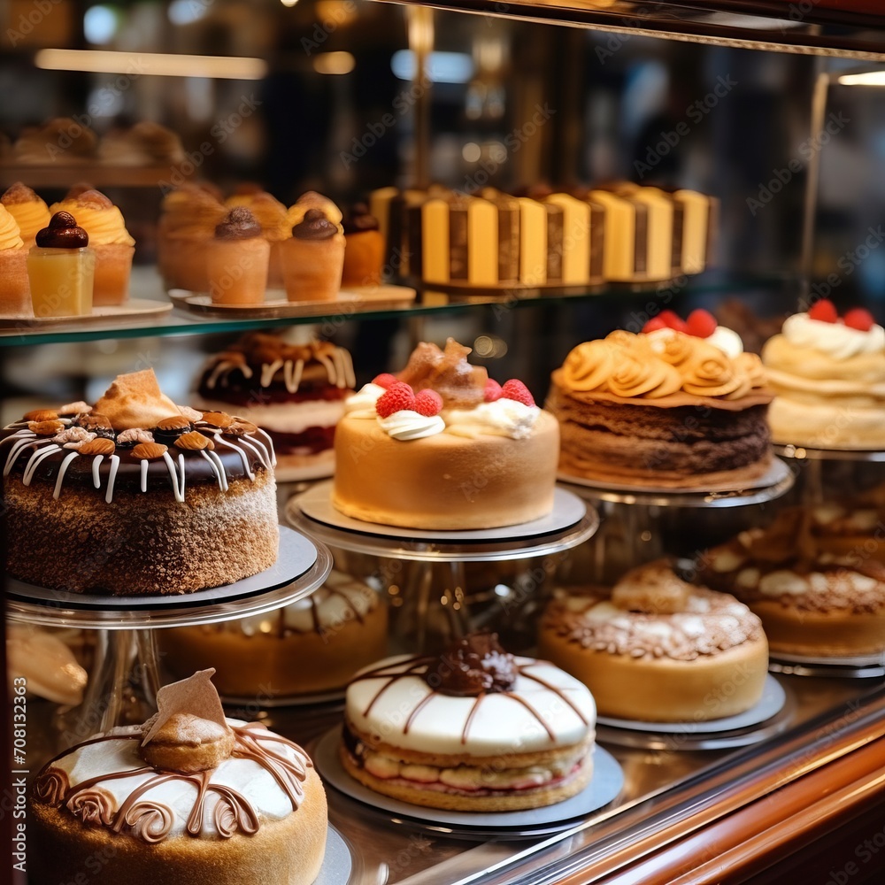 A delicious cake decorated with fresh strawberries, raspberries and blueberries on the top icing, displayed along with other desserts in the pastry shop window. Concept: Sweets for the festive feast
