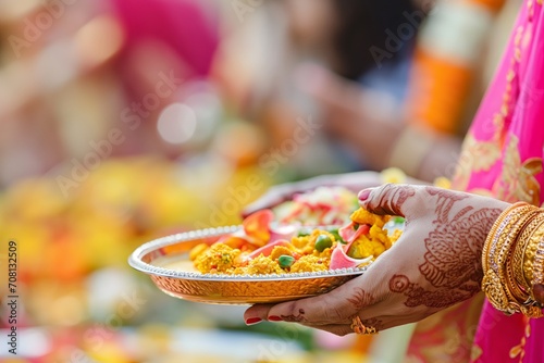 A hand with henna tattoos holding a silver plate of colorful Indian sweets and snacks at a festive occasion.