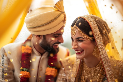 An Indian bride and groom in traditional wedding attire, smiling and sharing a joyful moment under a yellow canopy.