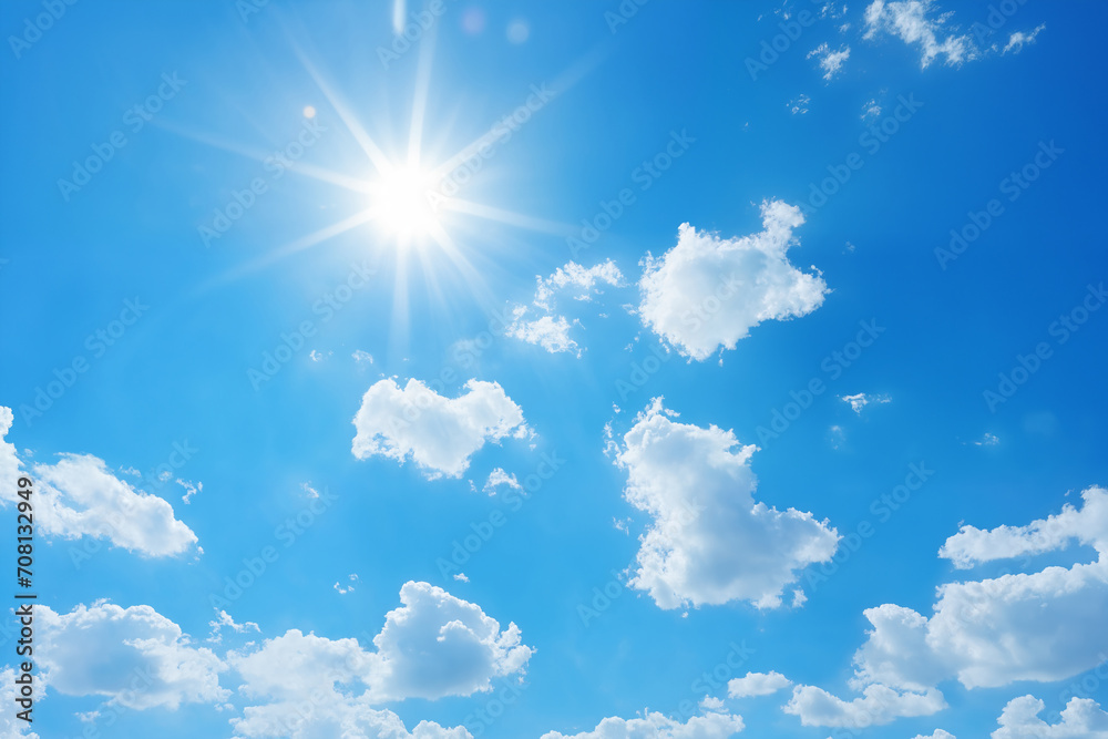 beautiful blue sky with white cumulus clouds and sun for abstract background beautiful blue sky with white cumulus clouds and sun for abstract background