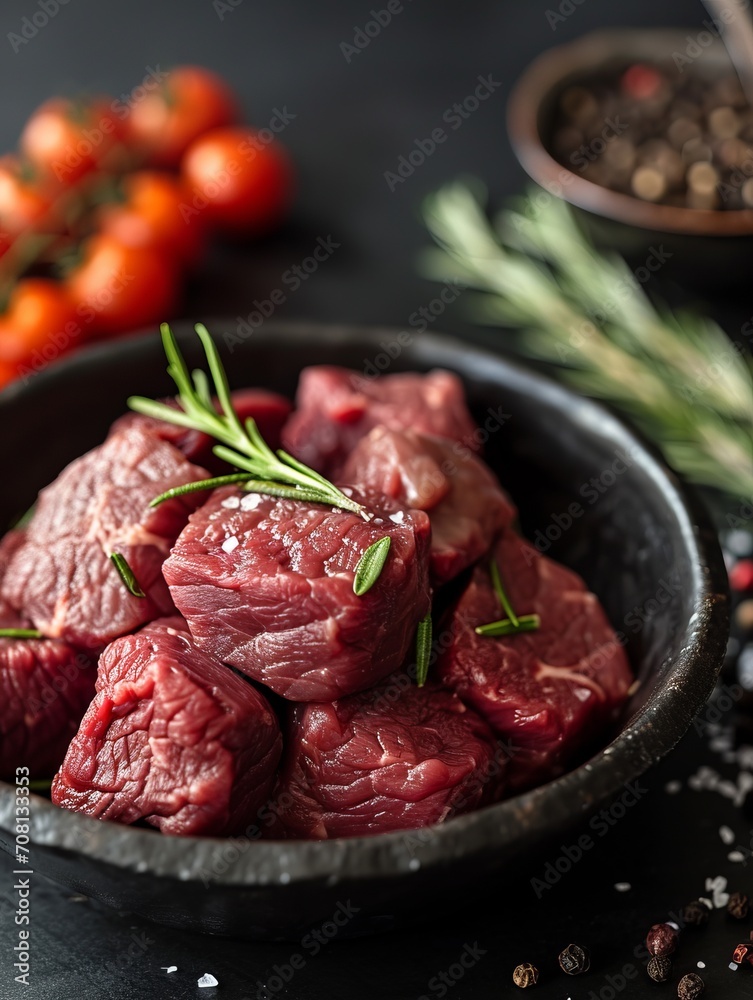 Close-up of fresh raw beef cubes seasoned with rosemary, ready for cooking, with a blurred background Close-up of fresh raw beef cubes seasoned with rosemary, ready for cooking, with a blurred background