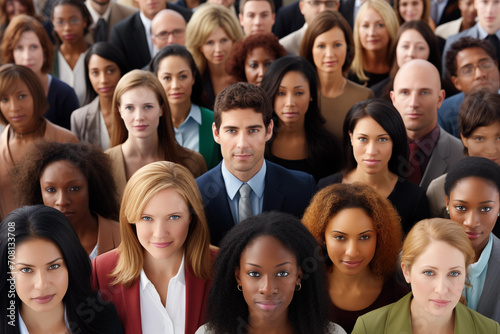 Group of diverse business people standing and looking at camera. View from above