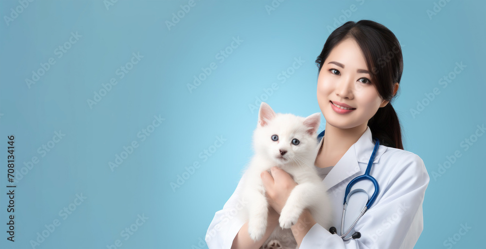 a young veterinarian black african woman in a white coat holds a kitten in her hands on a white background with space for text. Concept: veterinary clinics, love for animals, poster, banner, a young veterinarian black african woman in a white coat holds a kitten in her hands on a white background with space for text. Concept: veterinary clinics, love for animals, poster, banner,