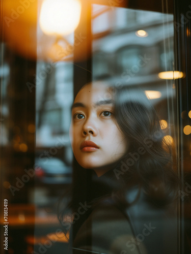 candid portrait, woman in a cafe window