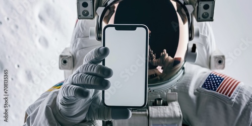 White screen smartphone holding with hand of astronaut