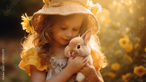 Little girl with bunny, small girl with curly hair in summer hat hugs cute fluffy rabbit photo