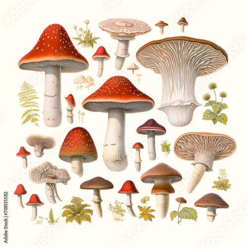 Different types of mushrooms, botanical illustration on white background. Created with Generative AI.