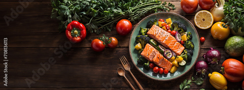 Healthy diet meal, fresh organic vegetables, herbs, salmon on a wooden table. Healthy food lifestyle, top down view. Generative AI.