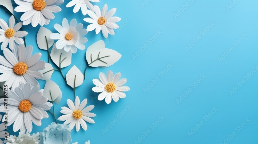 Fototapeta premium Spring flowers on blue background with copy space