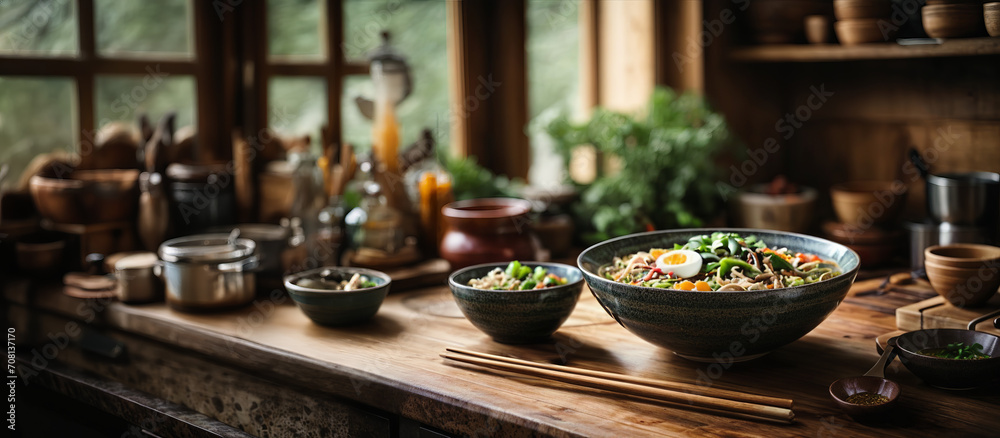 Bowl of ramen on wooden table in rustic traditional kitchen. Asian cuisine healthy hot meal, dish. Panoramic background banner for restaurant, book, ebook. Generative AI.