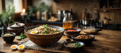 Bowl of ramen on wooden table in rustic traditional kitchen. Asian cuisine healthy hot meal, dish. Panoramic background banner for restaurant, book, ebook. Generative AI.