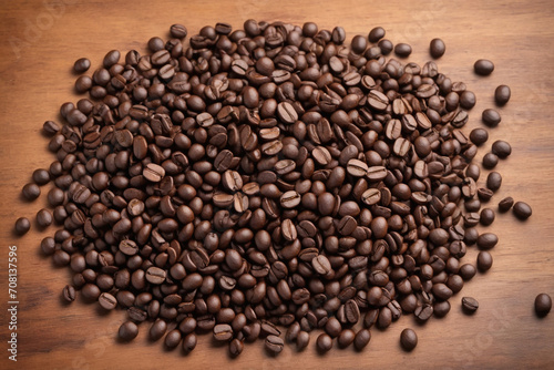 coffee beans on a wooden background. Overhead view of coffee beans on table. , perfect composition, beautiful detailed , 8k photography, photorealistic , soft natural perfect light