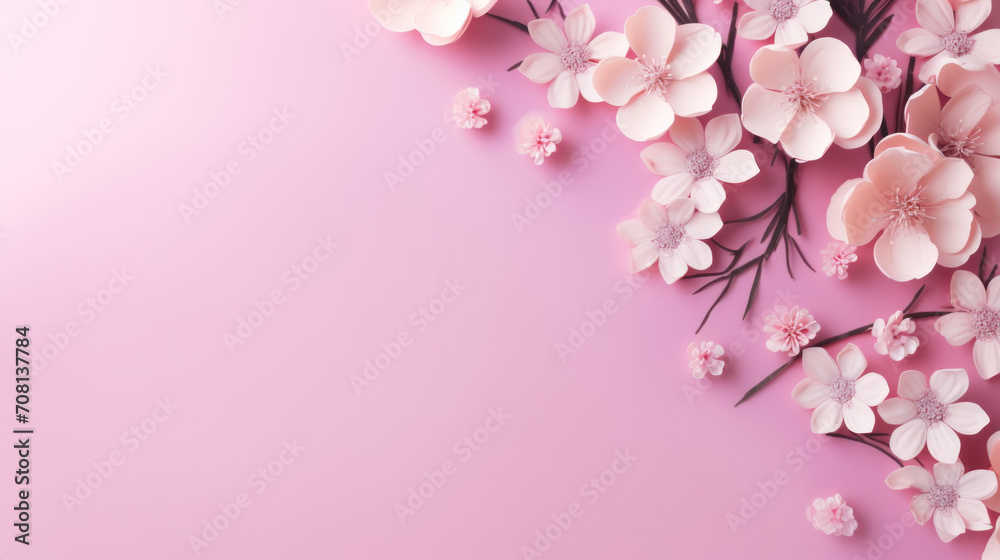 Spring flowers on pink background with copy space