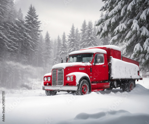 truck in snow, Red Truck in the snow with room for copy space. Perfect composition, beautiful detailed , 8k photography, photorealistic , soft natural perfect light
