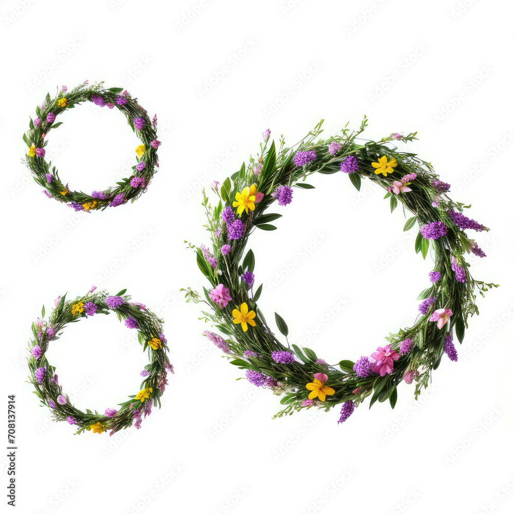 Set of Easter wreath of willow branches and mimosa branches on a white background. Illustration watercolor style in pastel colors