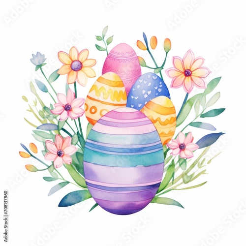 Aquarell einer Osterdekoration mit bunten Eiern und Blumen Illustration