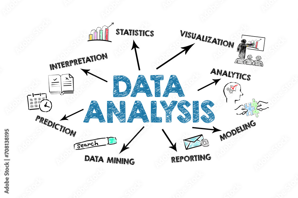 Data Analysis Concept. Illustration with icons, arrows and keywords on a white background