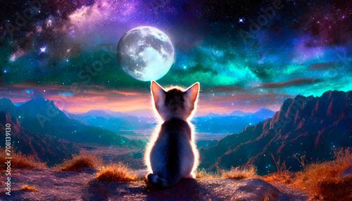 Cute little kitten sitting while looking at the giant moon and the deserted spaces that surround him. In front of him a splendid galaxy full of details.