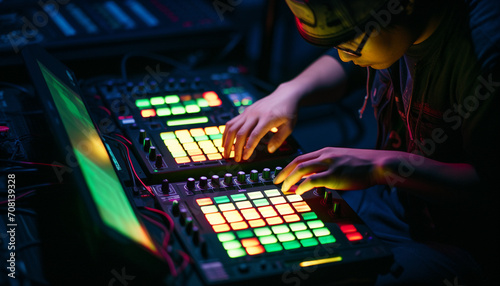 Musician working in a nightclub, adjusting sound mixer generated by AI photo