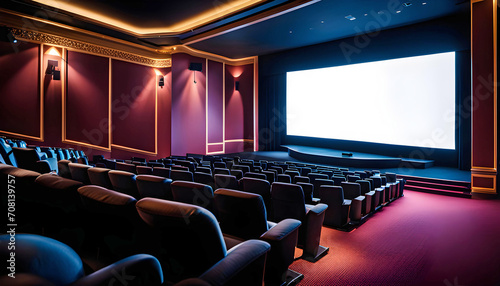 Empty wide cinema screen and people in chairs in the cinema hall  concept for the premiere of a new film in the cinema 